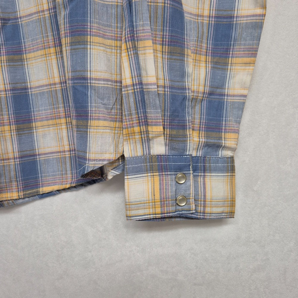 Wrangler Womens L Western Plaid Pearl Snap Shirt Long Sleeve Blue Yellow Cowgirl - Picture 2 of 8